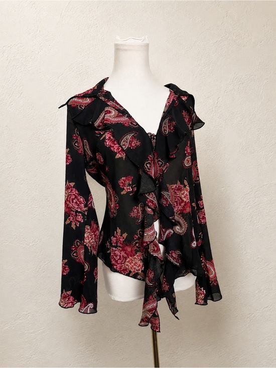 Tops - Sheer Floral Paisley Ruffle Blouse Boho Bell Sleeve Top Black Pink S/M